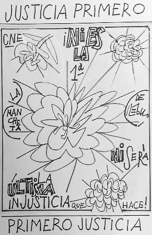 Caricatura de Régulo con flores y textos relacionados con la injusticia