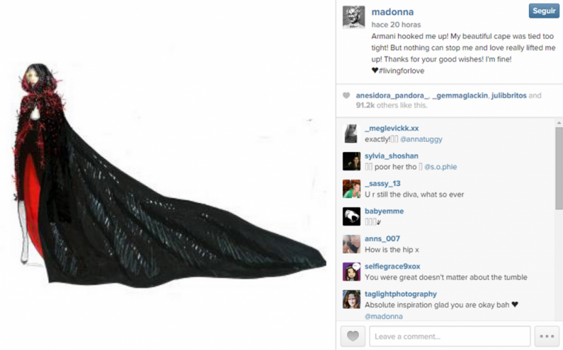 Madonna dijo en Instagram que Giorgio Armani fue el culpable de su caída