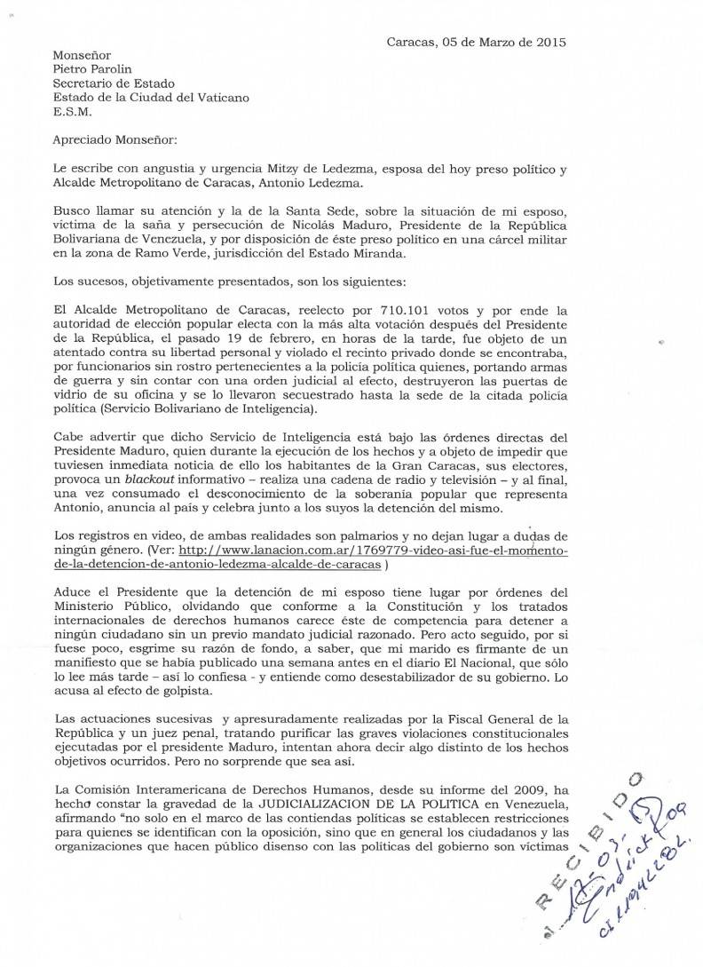 Mitzy Capriles solicita al Vaticano que interceda por la liberación de Ledezma