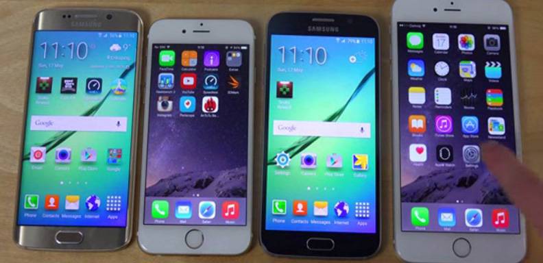 Los cuatro dispositivos que se enfrentan en esta comparativa realizada por el canal de youtube adrianisen son los buques insignia de Samsung, los populares GalaxyS6 y S6 Edge y los de Apple, los iPhone 6 y 6 Plus