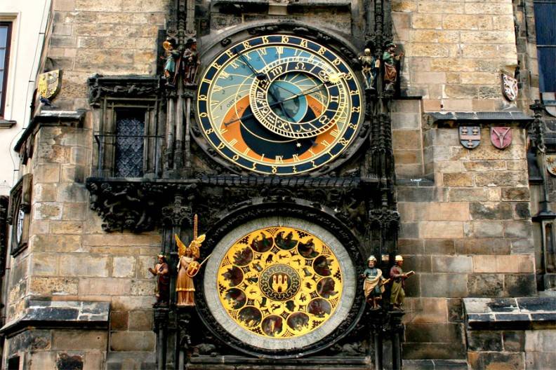 Reloj astronómico medieval de Praga, ubicado en la pared del Ayuntamiento