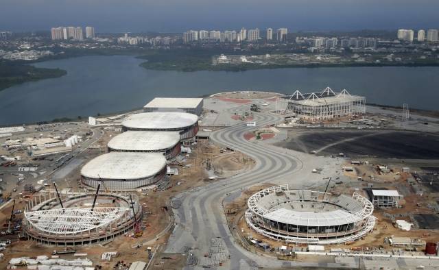 An aerial view of the Rio 2016 Olympic Park construction site in Rio de Janeiro