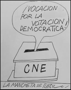 Caricatura de Régulo con urna elecoral y mensaje por la votación democrática
