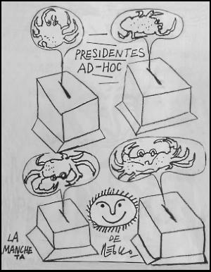 Caricatura de Régulo con cuatro urnas electorales y cuatro cangrejos