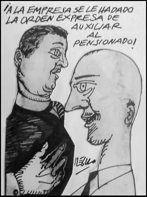 Caricatura de Régulo con dospersonajes de perfil y texto con referencia al auxilio de los pensionados