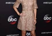 Ellen Pompeo asistió a los ABC 2015 Upfronts usando un vestido coctel con mangas cortas, rosado pálido y brocado