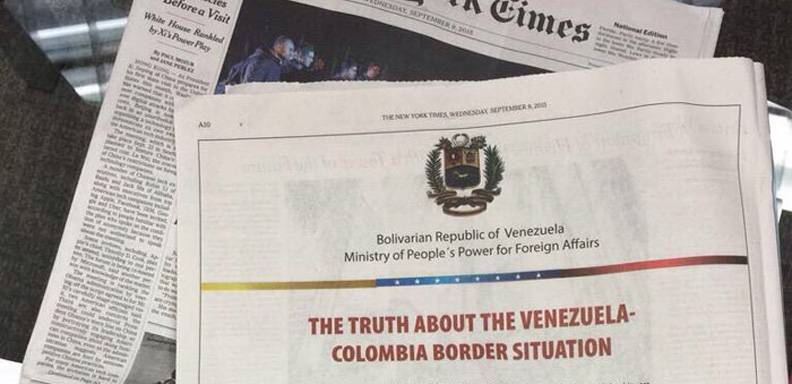 Venezuela publicó en The New York Times situación fronteriza
