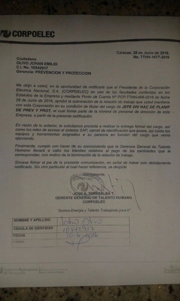 Carta emitida por el Talento Humano de Corpelec para Johan Olivo en la que se notifica su destitución en la empresa