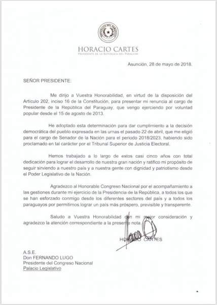 carta de renuncia horacio cartes presidente paraguay