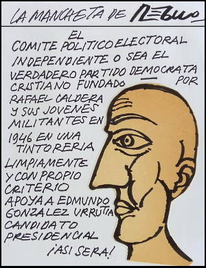Caricatura de Régulo con rostro de perfil y texto que se refiere al apoyo del partido COPEI a la candidatura de Edmundo González Urrutia