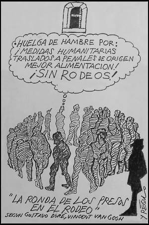 Caricatura de Régulo con una multitud caminando en círculos representando a los presos de la carcel El Rodeo en Venezuela