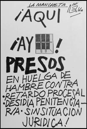 Caricatura de Régulo con una ventana de una celda de una carcel con texto sobre la huelga de hambre de los presos