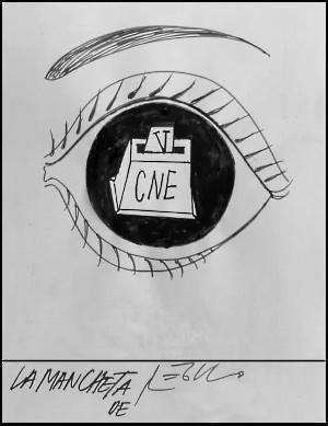 Caricatura de Régulo que muestra un ojo cuya pupila representa una urna de votación del CNE