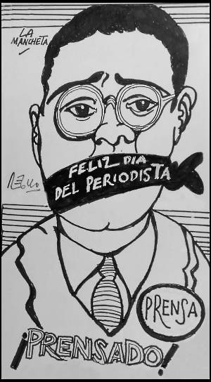 Caricatura de Régulo que representa a un periodista amordazado en el día del periodiste