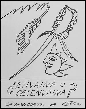 Caricatura de Régulo con dibujo de una pluma, una espada y el sol de perfil