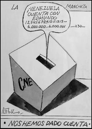 Caricatura de Régulo con urna electoral donde se depositan los votos con texto relacionado con los votos recibidos por Edmundo González