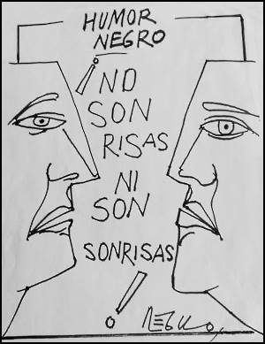 Caricatura de Régulo que muestra dos rostros de perfil enfrentados con texto sobre el humor negro